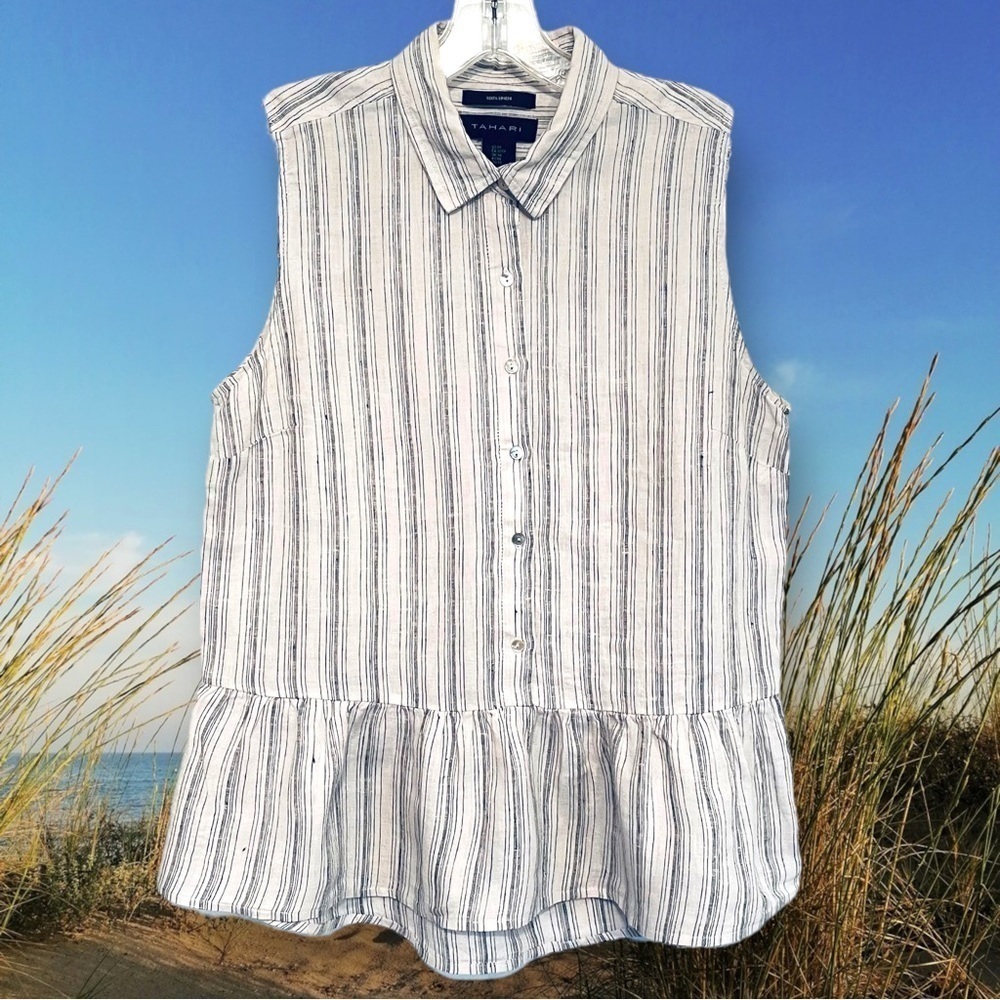 Tahari Women's Gray/White Striped 100% Linen Sleeveless Button Up Shirt